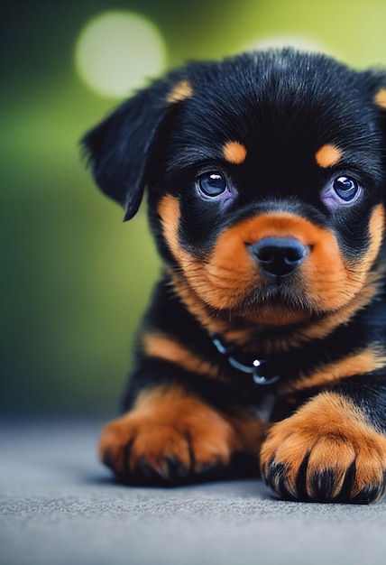 小さなかわいい愛らしいロットワイラーの子犬黒い背景のスタジオ照明付き子犬の純血種を採用