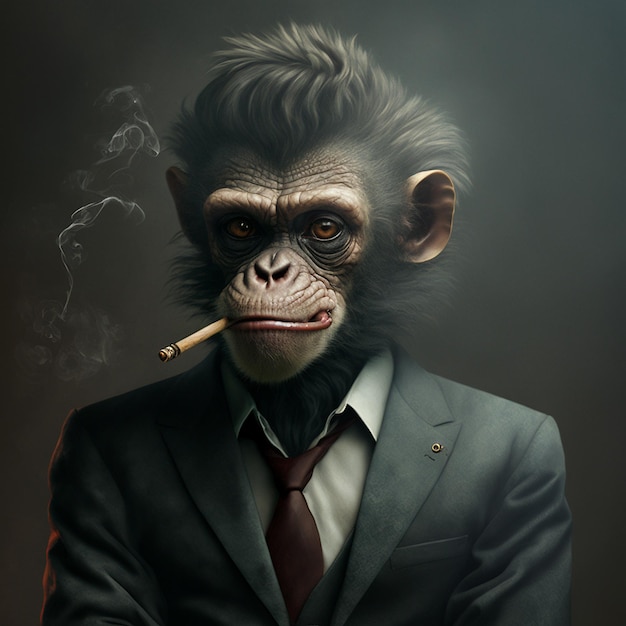 tiny cute and adorable smoking monkey wearing suit