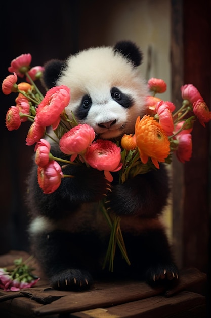 tiny cute baby panda with colorful flowers in her hands