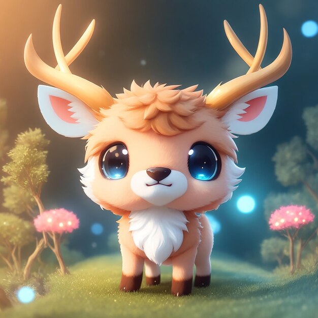 Tiny cute Deer in Fantasy Forest illustration