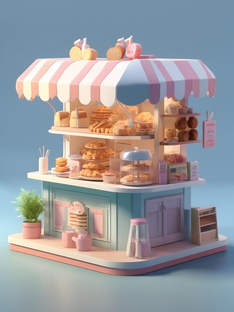 Tiny cute isometric 3d render Bakery Stand