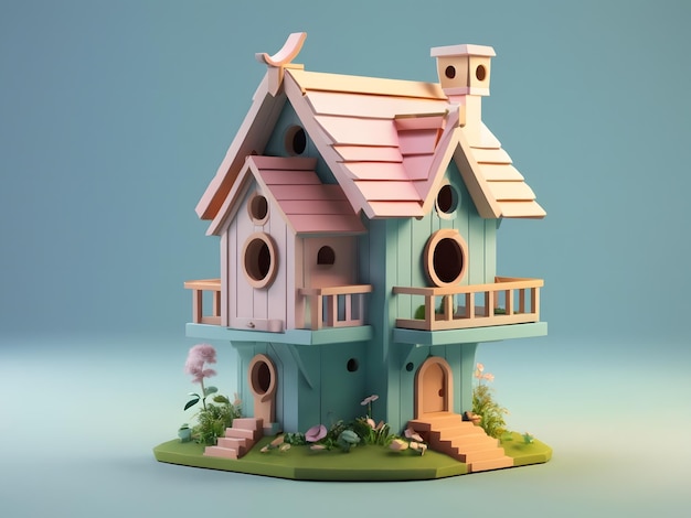 Tiny cute isometric 3d render Bird house