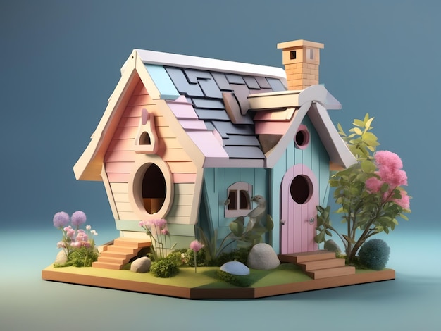 Tiny cute isometric 3d render Bird house