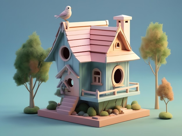 Tiny cute isometric 3d render Bird house