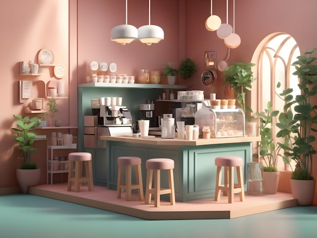 Tiny cute isometric 3d render Coffee Shop