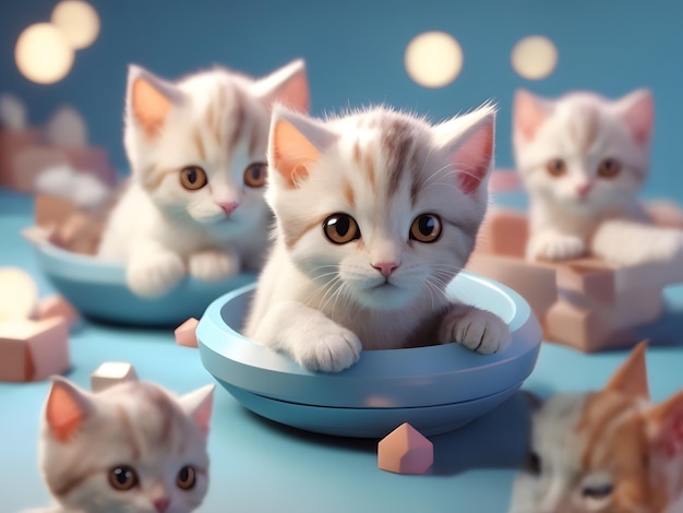 Tiny cute isometric 3d render of Kittens Playing with Yarn