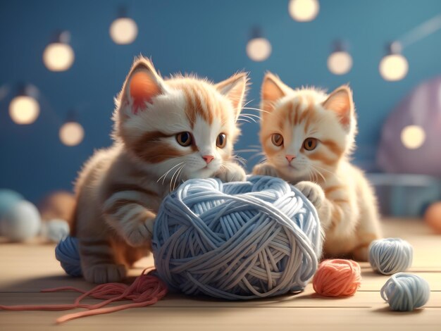 Tiny cute isometric 3d render of kittens playing with yarn