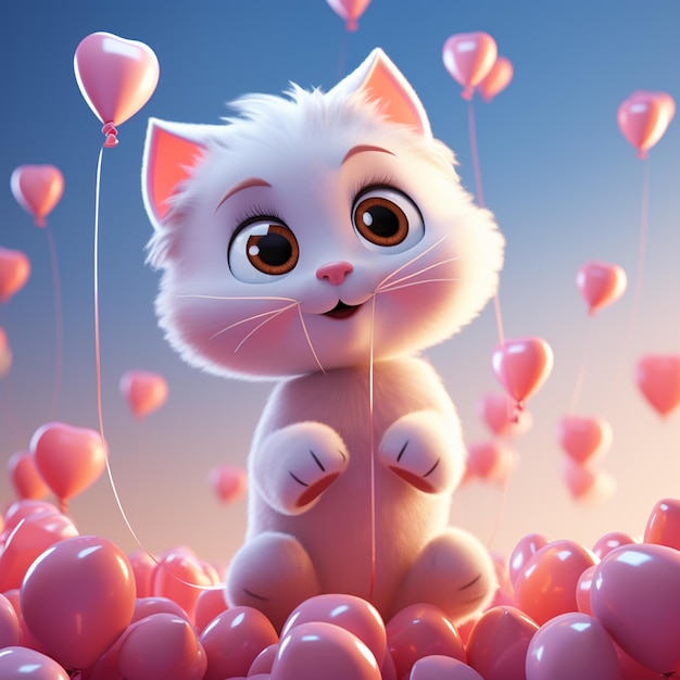 Tiny cute isometric cat holding a heart shaped balloon