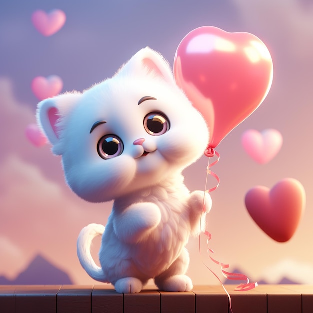 Photo tiny cute isometric cat holding a heart shaped balloon