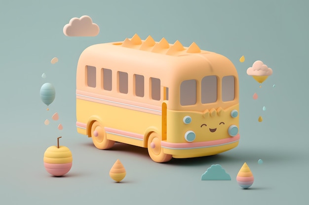 작은 귀여운 아이소메트릭 디자인 스쿨 버스 이모지 3d 렌더링