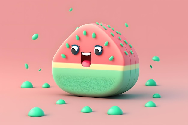 Tiny cute isometric design watermelon emoji 3d rendering