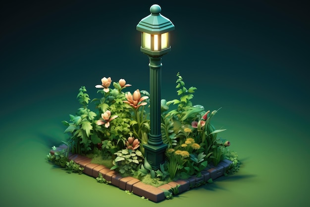 Tiny cute isometric garden lamp post soft smooth lighting