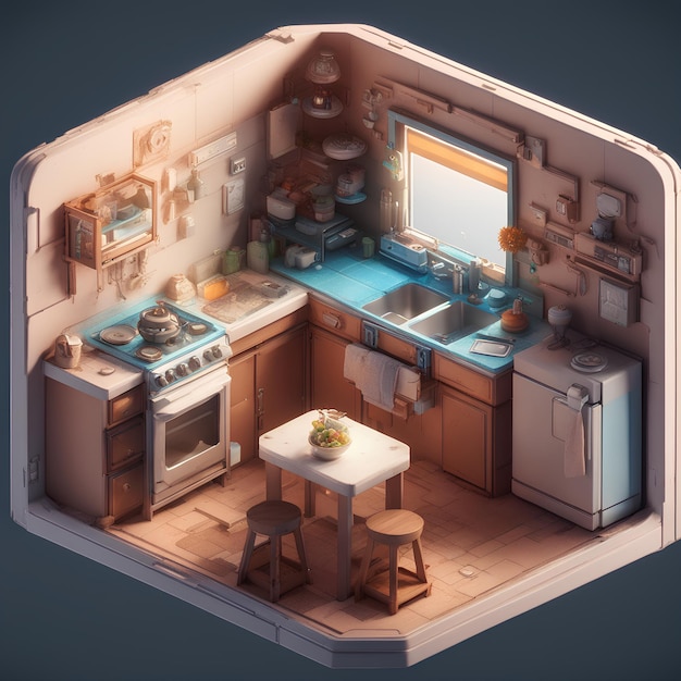 Tiny cute isometric kithen room in a cutway box