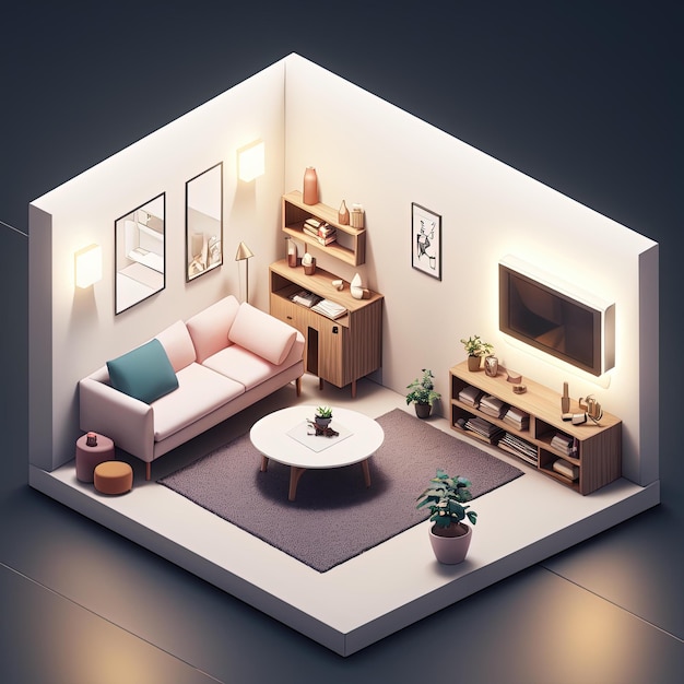 Premium Photo | Tiny isometric livingroom with soft lighting, 3d