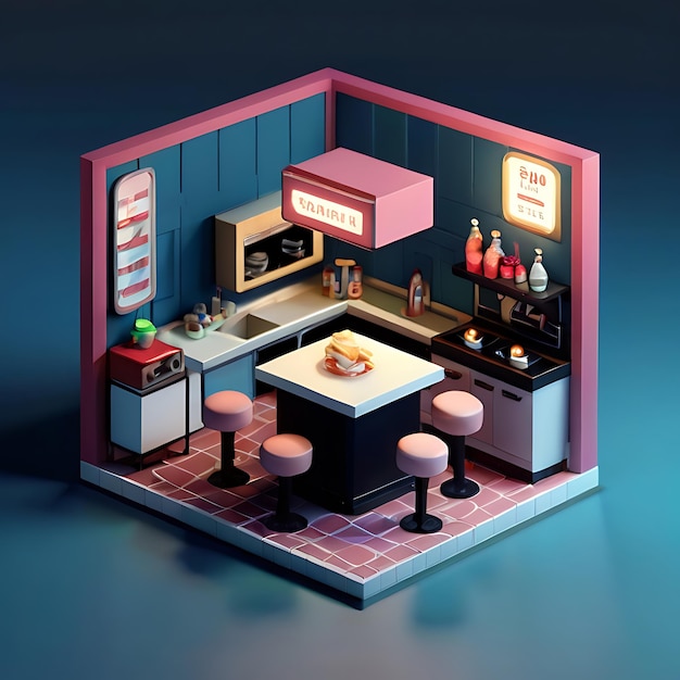 Tiny cute isometric restaurant soft smooth lighting gnearated by AI