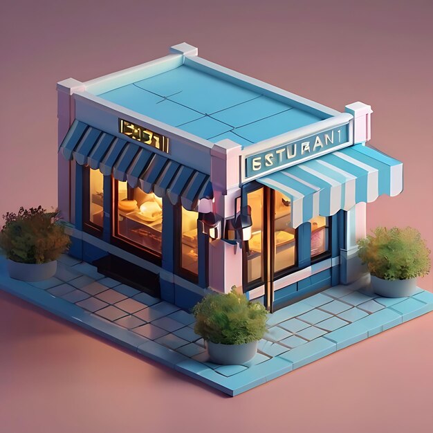 Tiny cute isometric restaurant soft smooth lighting gnearated by AI