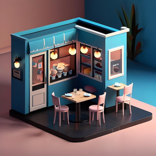 Крошечный милый изометрический ресторан с мягким гладким освещением, созданным ИИ.