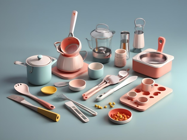 Tiny cute isometric soft smooth lighting 3d Dainty Kitchen Utensils
