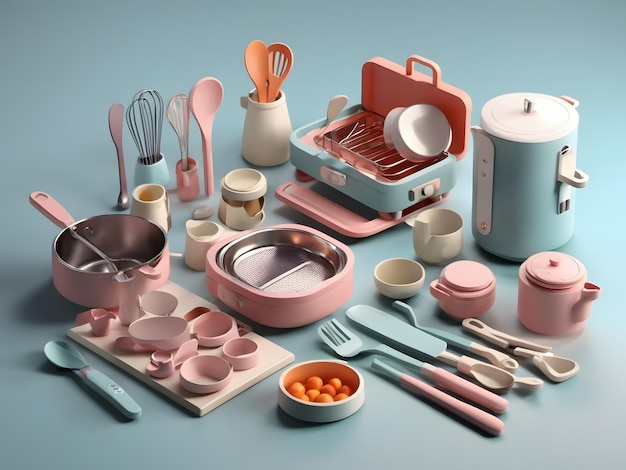 Tiny cute isometric soft smooth lighting 3d Dainty Kitchen Utensils