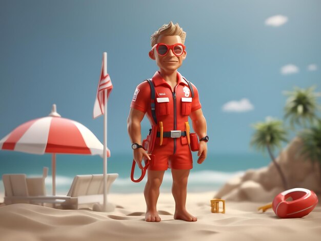 Tiny cute isometric soft smooth lighting 3d render Lifeguard