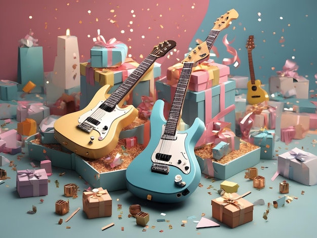 Photo tiny cute isometric soft smooth lighting guitars gift boxes