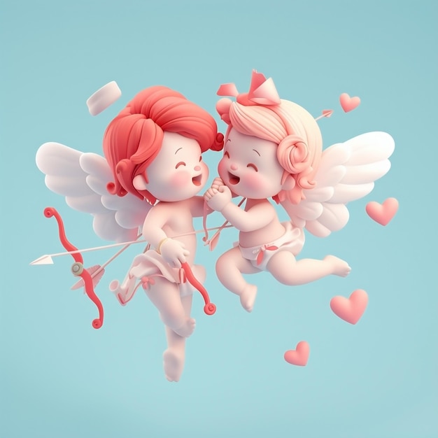 Photo tiny cute isometric sweet and whimsical cupids with bows and arrows spreading love love element soft lighting soft pastel colors 3d icon clay render blender 3d pastel background