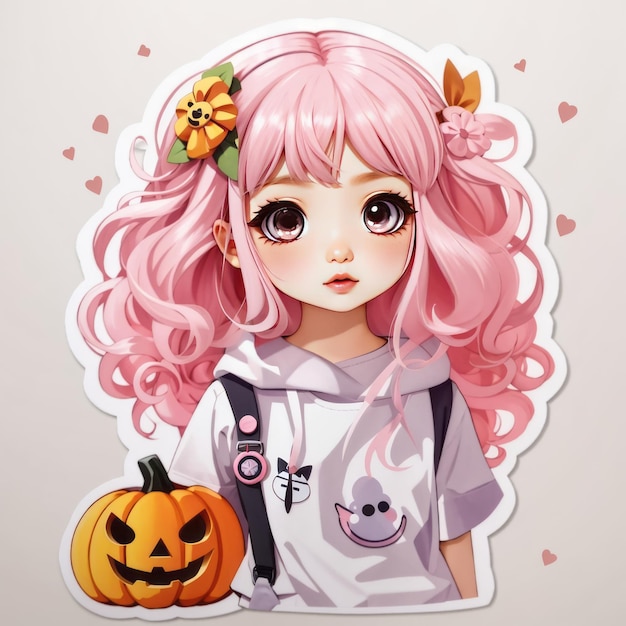 крошечная милая девушка каваи Хэллоуин футболка дизайн иллюстрация наклейка белый фон розовые волосы
