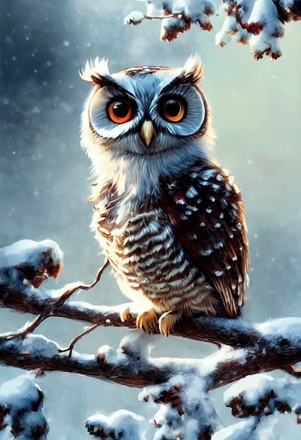 Tiny Cute Owl in de sneeuw illustratie van schattige uil in kerstlandschap