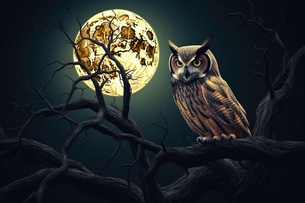Tiny cute owl in the night illustration of cute owl under the full moon