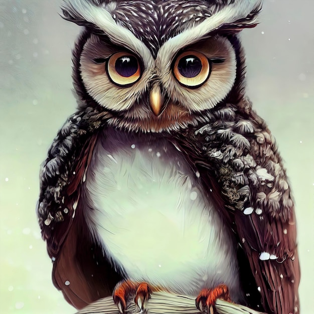 Tiny Cute Owl in the snow illustration of cute owl in christmas landscape