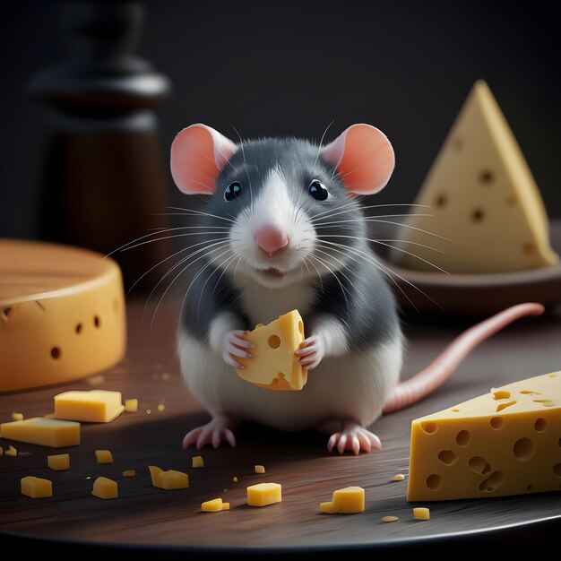 Photo tiny cute rat portrayed with cheese in adorable setting for social media post size