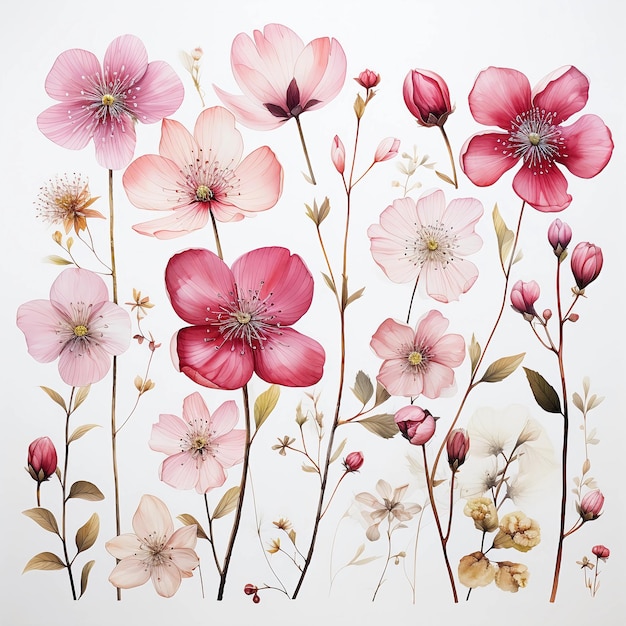 Крошечные изысканные маленькие розовые полевые цветы акварельный принт