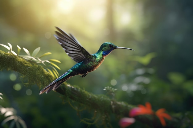 A tiny and delicate hummingbird perched on a green branch