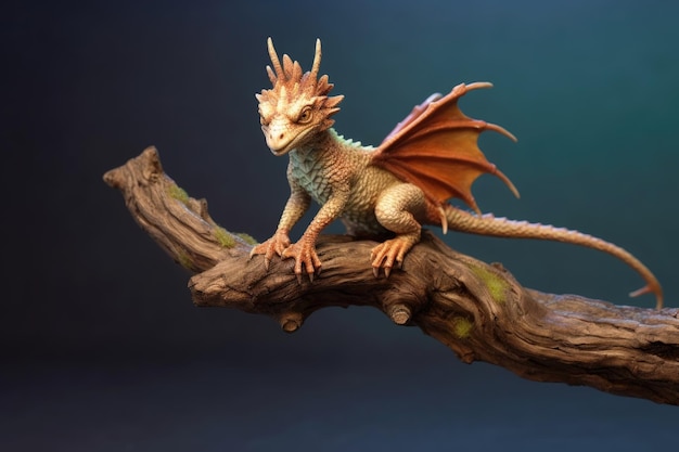 Photo tiny dragon perched on a branch sunbathing created with generative ai