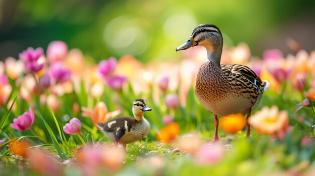 Foto un piccolo anacchino che sguazza accanto a sua madre circondato da fiori vivaci generative ai