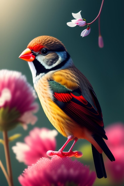 A tiny finch on a branch of tree with spring flowers on background