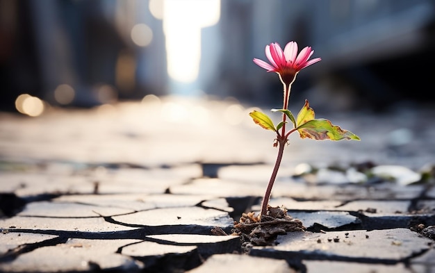 Photo a tiny flower flourishing on the cracked street generative ai