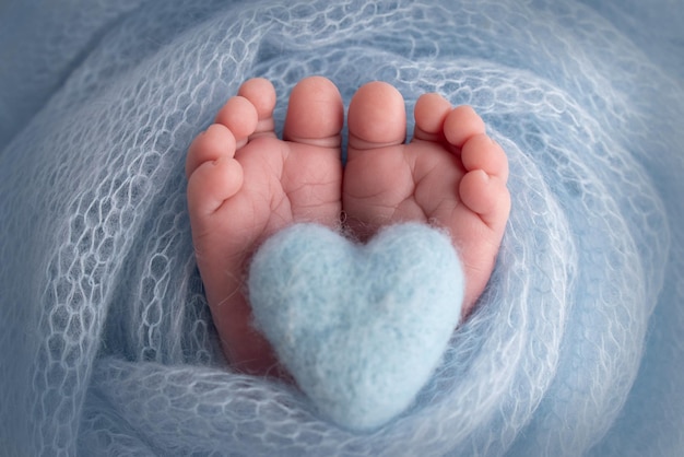 The tiny foot of a newborn baby Soft feet of a new born in a light blue blanket Close up of toes heels and feet of a newborn Knitted blue heart in the legs of a baby Studio macro photography