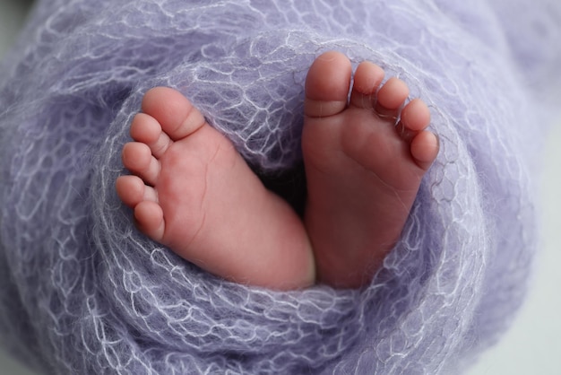 The tiny foot of a newborn baby Soft feet of a new born in a lilac purple wool blanket Close up of toes heels and feet of a newborn Knitted white heart in the legs of a baby Macro photography