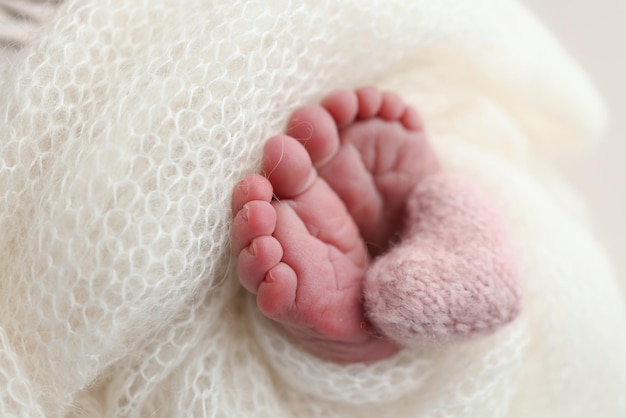 The tiny foot of a newborn baby Soft feet of a new born in a white wool blanket Close up of toes heels and feet of a newborn Knitted pink heart in the legs of a baby Macro photography