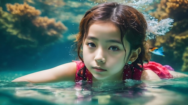 Photo tiny girl in underwater background very cool