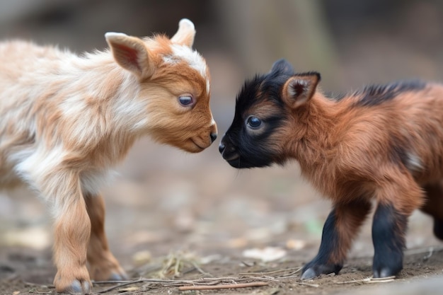 Photo tiny goat headbutting friend in playful display of dominance created with generative ai