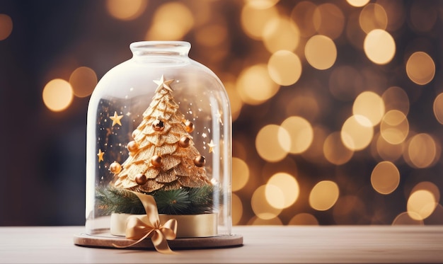 A tiny golden tree inside a jar enveloped in a dreamy radiant Christmas light bokeh AI generative