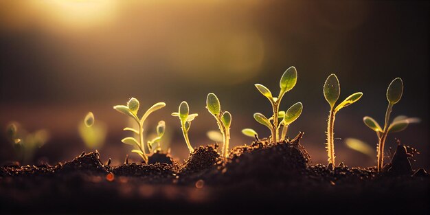 太陽のパノラマ AI が生成された黒い土の上の小さな緑の芽