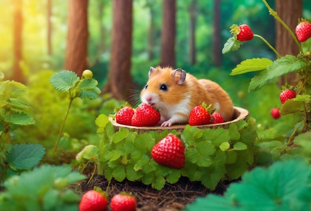 Tiny Hamster eating strawberrie and next to a tree and bushes e lots of strawberries