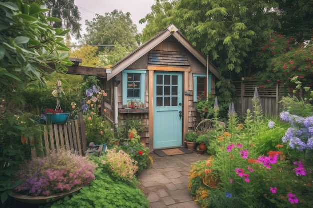 Foto piccola casa in un giardino lussureggiante con fiori colorati e vegetazione creata con ai generativo