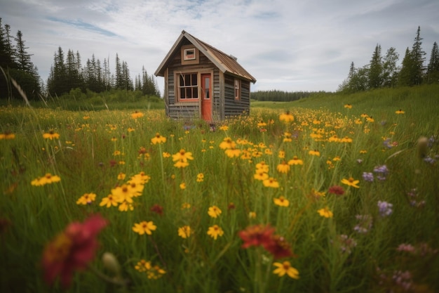 Крошечный дом посреди поля диких цветов, созданный с помощью генеративного AI
