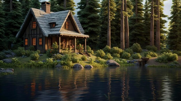 Premium AI Image | A tiny house nestled in the woods or near a serene lake