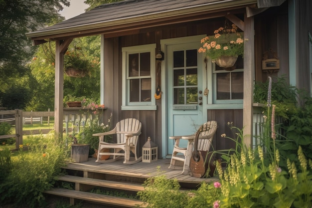 Tiny house with porch rocking chair and flower garden created with generative ai