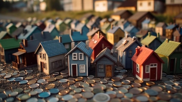 Tiny houses surrounded by coin stacks The housing market Generative AI